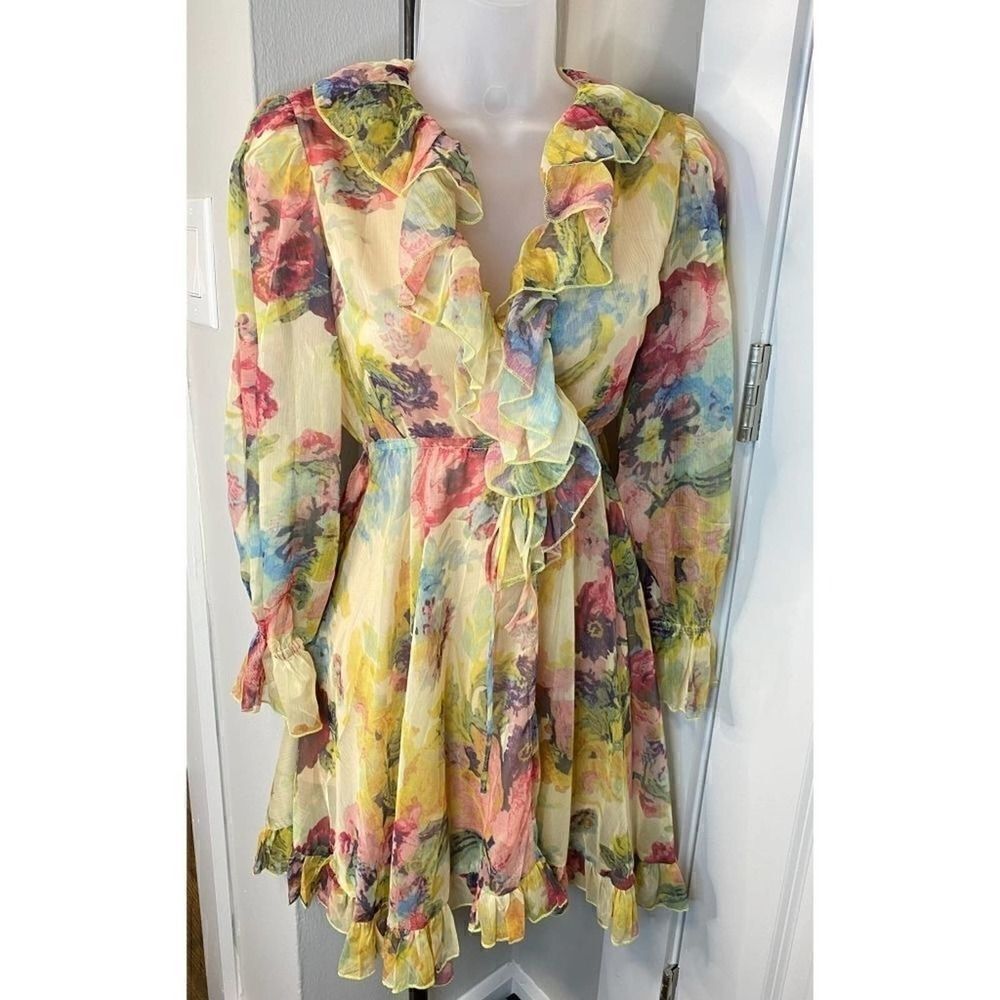 New Opt Floral Long Sleeve, Lined Chiffon Dress Women’s Size Small